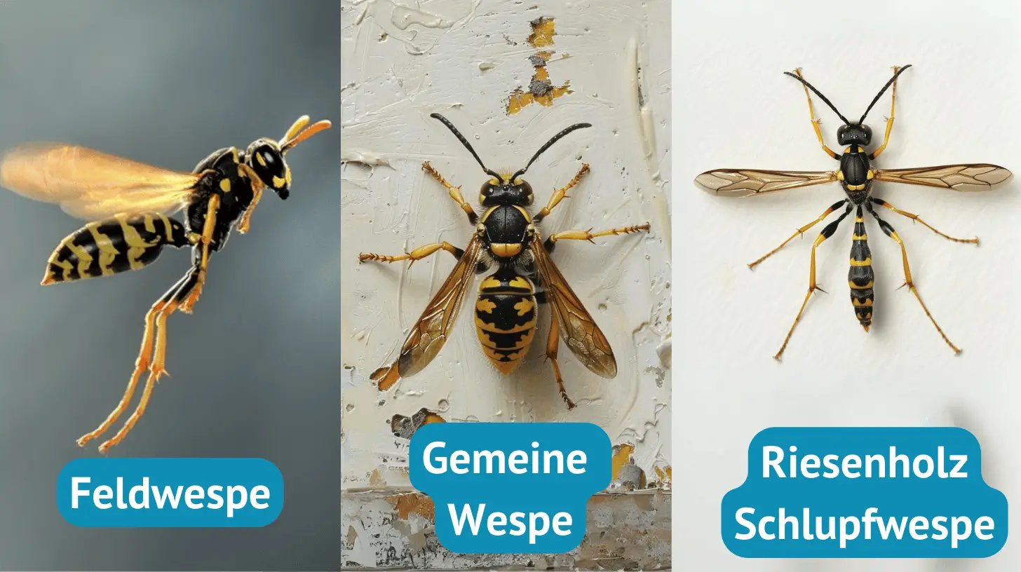 Wespen mit langen Beinen Vergleich: Gemeine Wespe, Feldwespe und Riesenholz Schlupfwespe