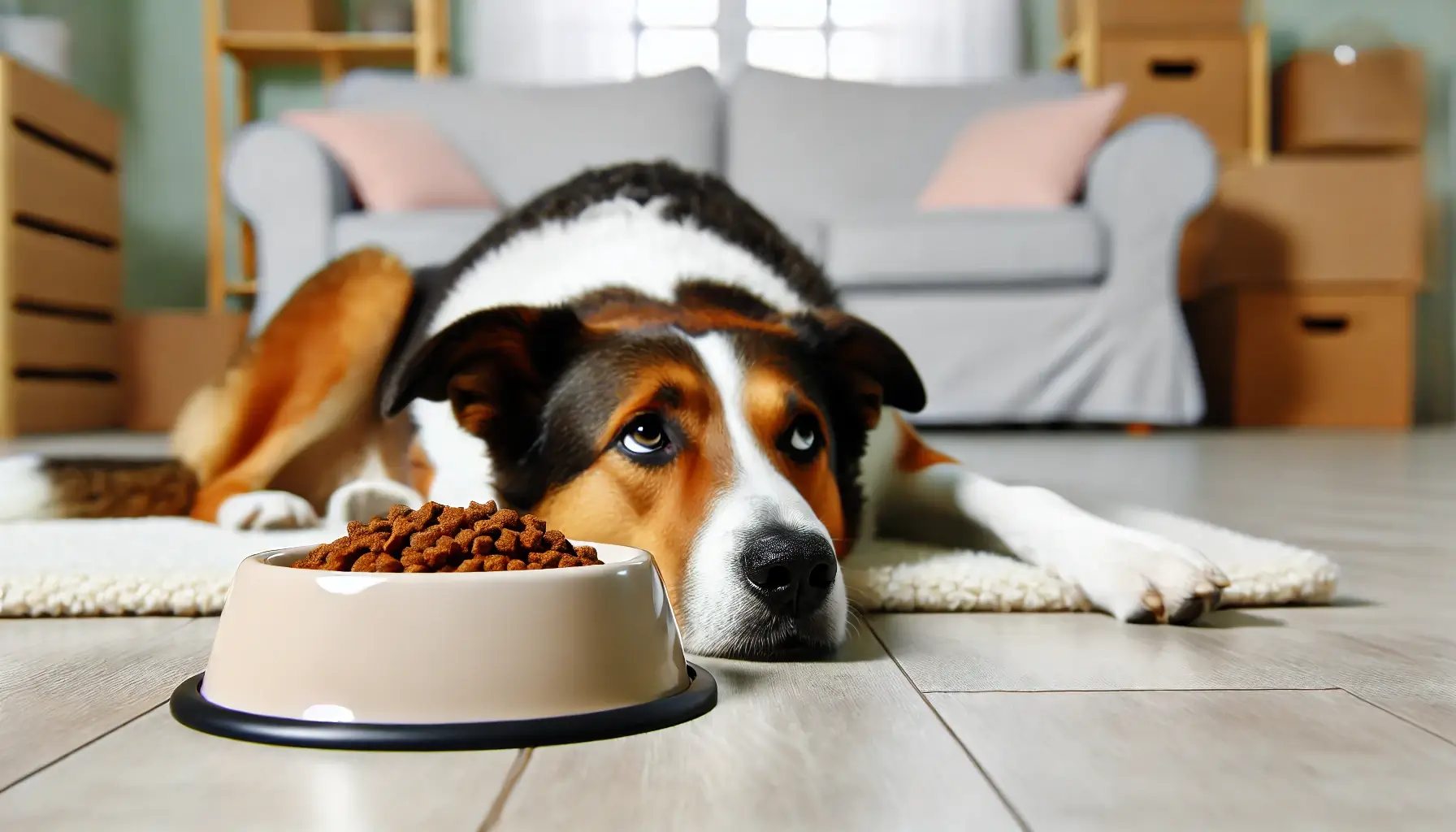 Giardien Hund was ist das? Ein Hund liegt appetitlos vor einem Futternapf